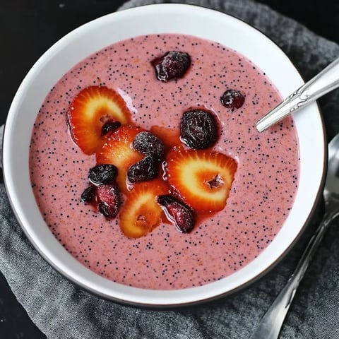 Ein weißer Teller mit einer Mischung aus Beeren, Strawberries, Raspberries, Cherries und einem schwarzen Pulver.