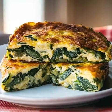 Ein Stück Käse mit Spinat auf einem weißen Teller.