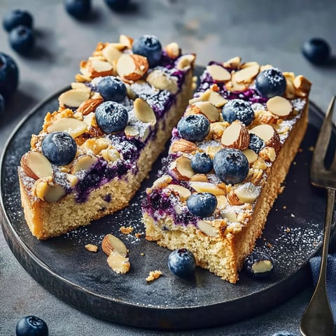 Ein Stück Kuchen mit Nüssen und Blaubeeren auf einem Teller.