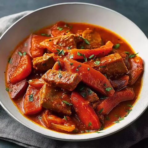 Ein weißer Teller mit einer Mischung aus Fleisch, Gemüse und Sauce.