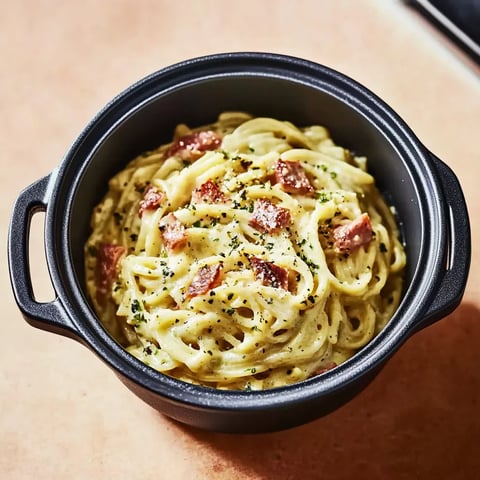 Ein schwarzes, glänzendes Kesselchen mit einer Mischung aus Pasta und Bacon.