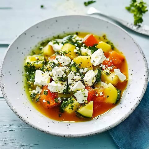 Ein weißer Teller mit einer Mischung aus Gemüse, darunter Zucchini, Tomaten, Karotten und Paprika, garniert mit grünen Blattchen.