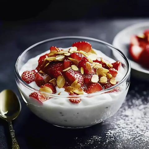 Ein Glas mit Strawberry-Topping und Nüssen.