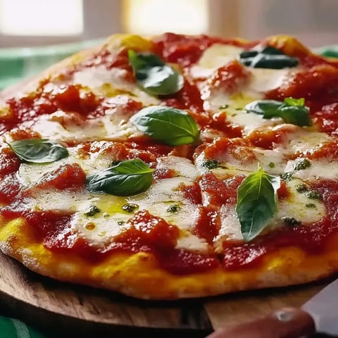 Eine pizza mit grünen Blättern auf der Oberseite.
