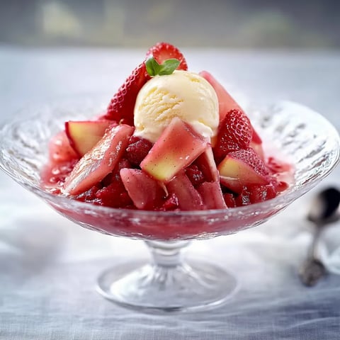 Ein Glas mit Strawberry-Topping und Vanille-Eis.