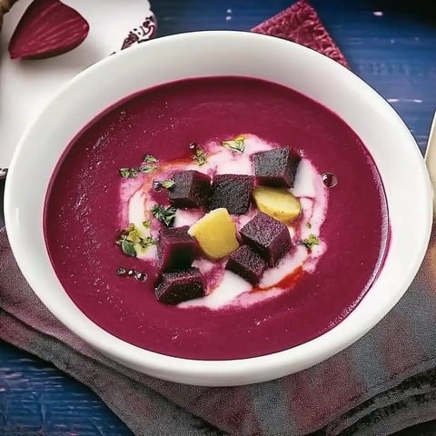 Ein weißer Becher mit einer roten Suppe, die mit gerösteten Beeren und Kartoffeln garniert ist.