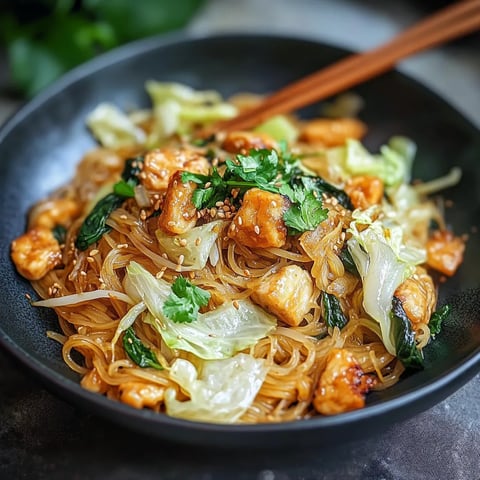 Ein schwarzes, leeres Bowl mit einer Mischung aus Nudels, Gemüse und Zwiebeln.