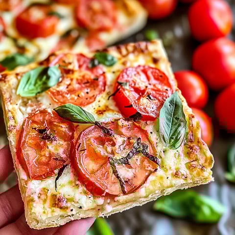 Eine Hand hält eine Scheibe mit Tomaten und Basilikum.