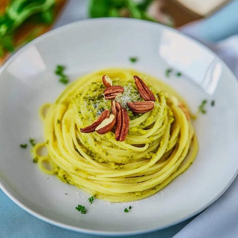 Ein weißer Teller mit Pasta, Nüssen und Spinat.