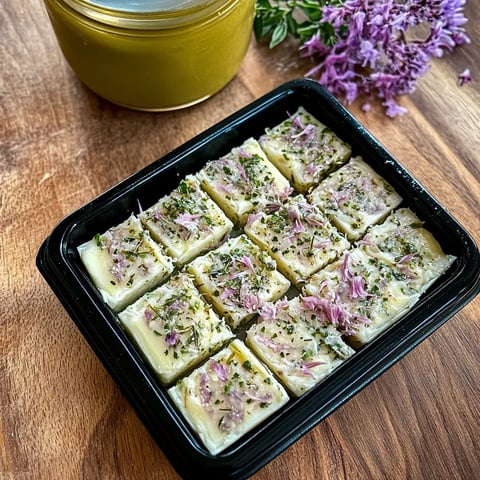 Ein Schälchen mit Zwiebeln und Käse auf einem Tisch.
