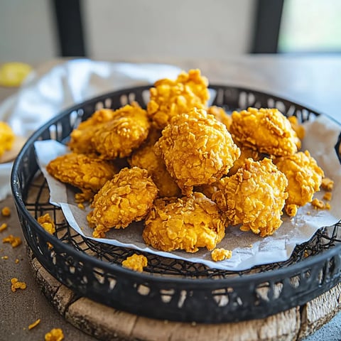 Ein Bodenständer mit einer weißen Schicht und einer metallenen Schicht, auf dem eine Schüssel mit frisch zubereiteten, golden braunen Kichererbsen sitzt.