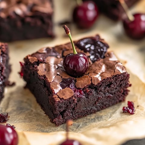 Eine Schokoladenküche mit Cherry-Topping auf einem Tuch.