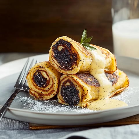 Ein Plate mit drei Rollen, die mit Zucker und Kräutern garniert sind.