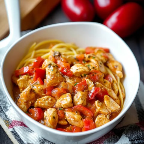 Ein weißer Teller mit einer Mischung aus Pasta, Tomaten, Paprika und Zwiebeln.