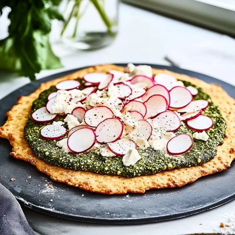 Eine pizza mit grünem Brot, Rüben, Käse und Zwiebeln.