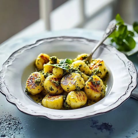 Ein weißer Teller mit einer Mischung aus Kartoffeln, Spinat und Kräutern.