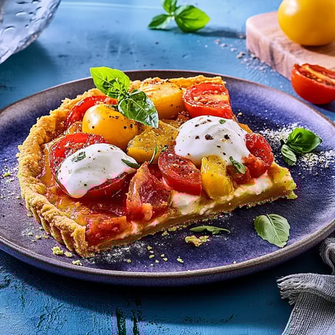 Eine Tomaten-Pizza mit Mozzarella-Käse auf einem blauen Teller.