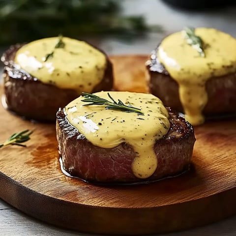Zwei steak mit sauce auf einem Brett.