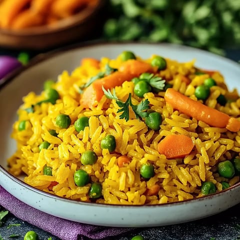 Ein weißer Teller mit einer Mischung aus Reis, Karotten, Peas und Zwiebeln.