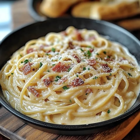 Ein Schälchen mit Pasta und Bacon.