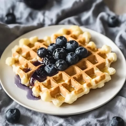 Ein weißer Teller mit einem Waffelkuchen, der mit Blaubeeren und Sauce garniert ist.