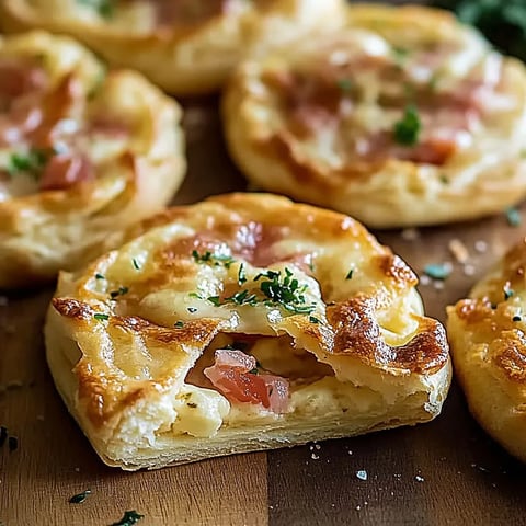 Eine Gruppe von sechs quadratischen, leicht gebackenen, mit Tomaten und Käse gefüllten Teigtaschen auf einem Tisch.