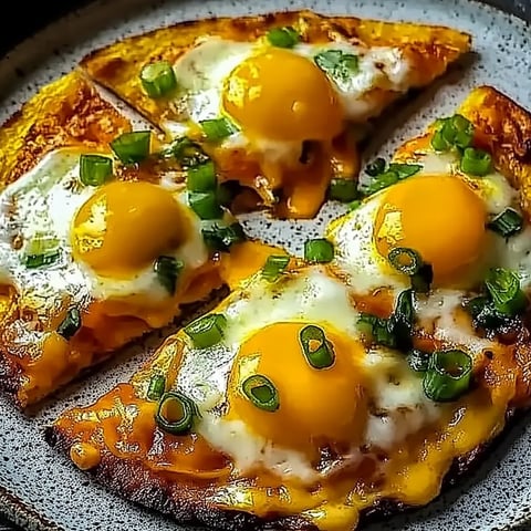 Eine Scheibe Pizza mit Eiern und Zwiebeln darauf.