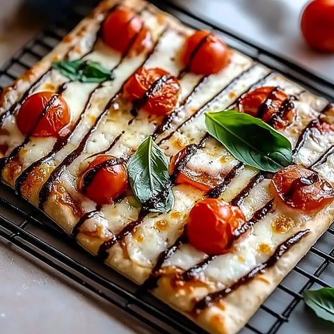 Eine Tomaten-Pizza mit Basilikum auf einem Teller.