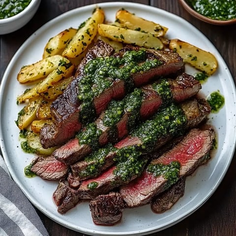 Ein Plate mit Steak, Kartoffeln und Pesto.