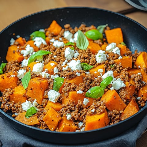 Ein schwarzes Töpfchen mit einer Mischung aus Rindfleisch, Zwiebeln, Käse und Karotten.