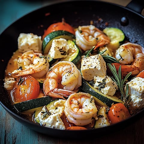 Eine Schüssel mit einer Mischung aus Zwiebeln, Tomaten, Zucchini, Shrimp und Käse.
