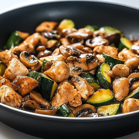 Ein schwarzes Teller mit einer Mischung aus Zwiebeln, Zucchini, Mushrooms und Chicken.