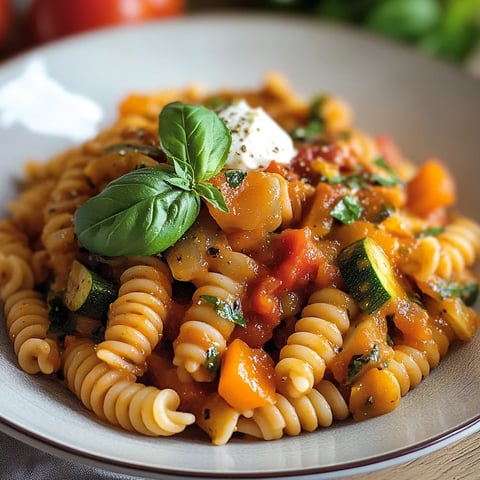 Ein Plate mit Pasta, Tomaten, Zucchini, Basilikum und Mozzarella.