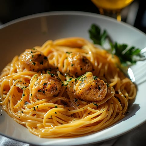 Ein weißer Teller mit Pasta und garniert mit Parsley und Zwiebeln.