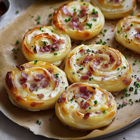 Eine Platte mit sechs Bacon-Rolls auf einer Pappe.