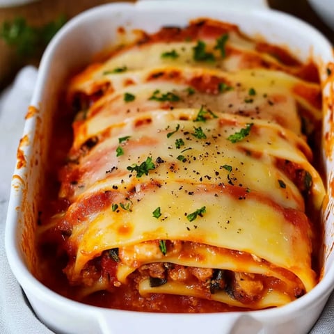 Ein weißer Teller mit einer Lasagne, die mit Parmesan und Zwiebeln garniert ist.
