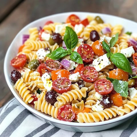 Ein weißer Teller mit Pasta, Tomaten, Basilikum und Oliven.