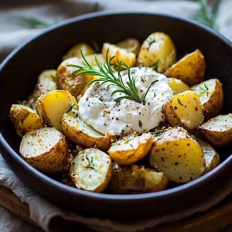Ein Schälchen mit gegrillten Paprika, Potatoes, Zwiebeln und Mayonnaise.