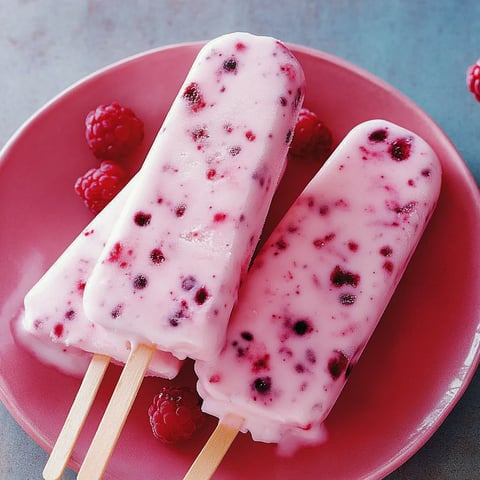 Zwei Stäbchen mit Raspberry-Sorbet auf einem roten Teller.