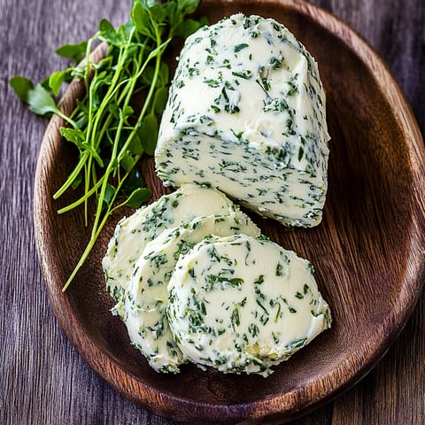 Zwei Stücke Butter mit grünem Zwieback auf einem Brett.