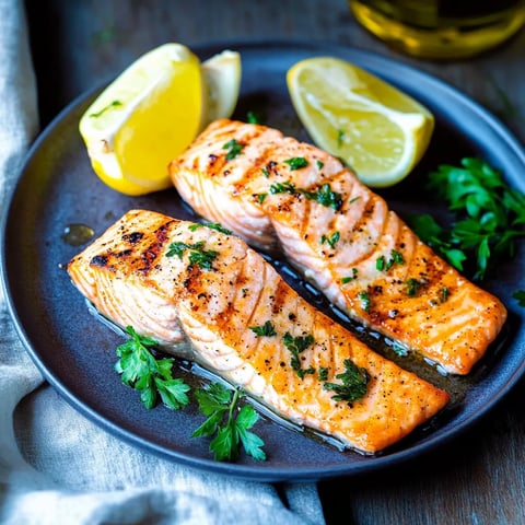 Ein Plate mit zwei Salmonschen, die mit Zitronen und Gewürzen garniert sind.