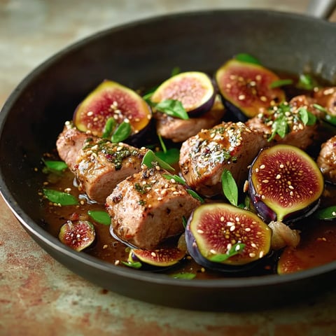 Ein schwarzes Kochgefäß mit einer Mischung aus Fleisch, Frucht und Gewürzen.