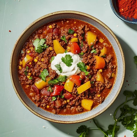 Ein Schälchen mit Rindfleisch, Kartoffeln, Paprika, Tomaten, Zwiebeln und Koriander.