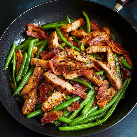 Ein schwarzes Töpfchen mit einer Mischung aus Rindfleisch, Bacon und grünen Bohnen.
