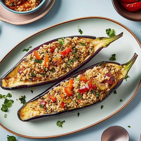 Zwei gegrillte Zucchini mit einer Mischung aus Reis und Gemüse.