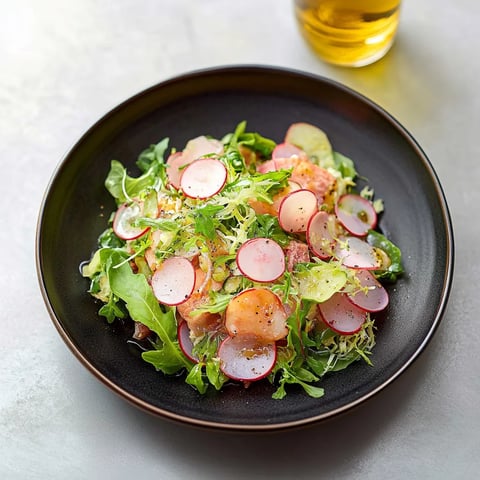 Ein Schälchen mit Salat und roten Zwiebeln auf einem Teller.