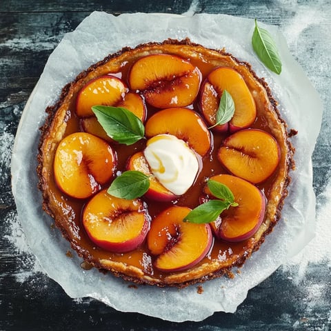 Eine Peachenkuche mit frischem Käse auf einem Papier.