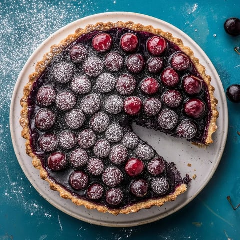 Eine Tasse mit einem Pie mit Cherry-Topping auf einem Tisch.