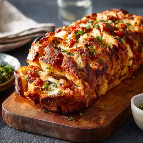 Ein großes, knuspriges Brot mit Zwiebeln und Tomaten auf einem Holzblock.