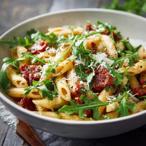 Ein weißer Teller mit Pasta, Tomaten, Spinat und Parmesan.